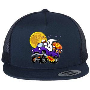 Funny Halloween Ghost Muscle Car Flat Bill Trucker Hat