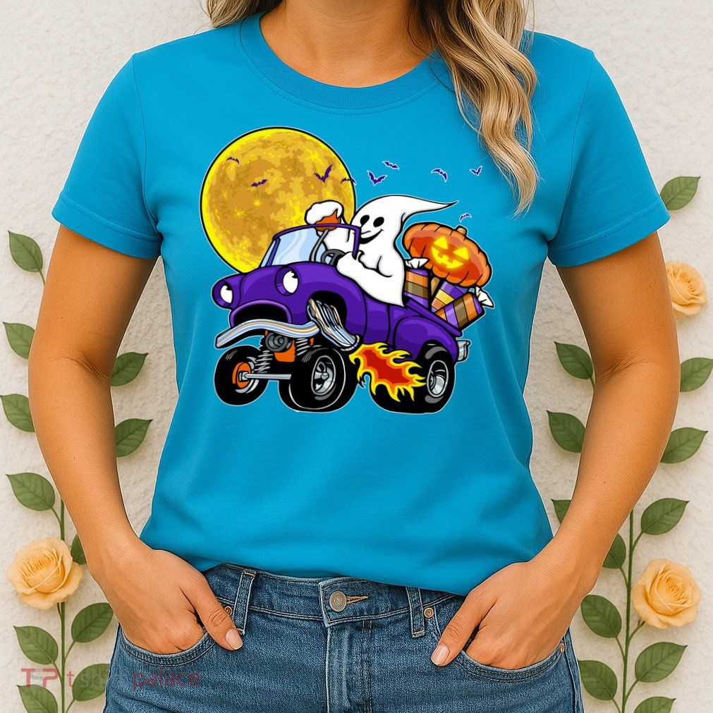 Funny Halloween Ghost Muscle Car Womens T-Shirt