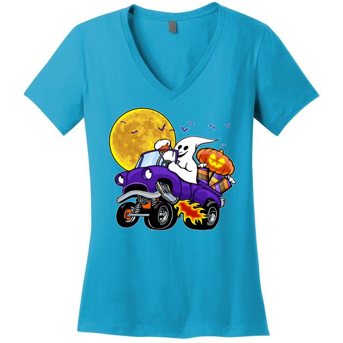 Funny Halloween Ghost Muscle Car Women's V-Neck T-Shirt