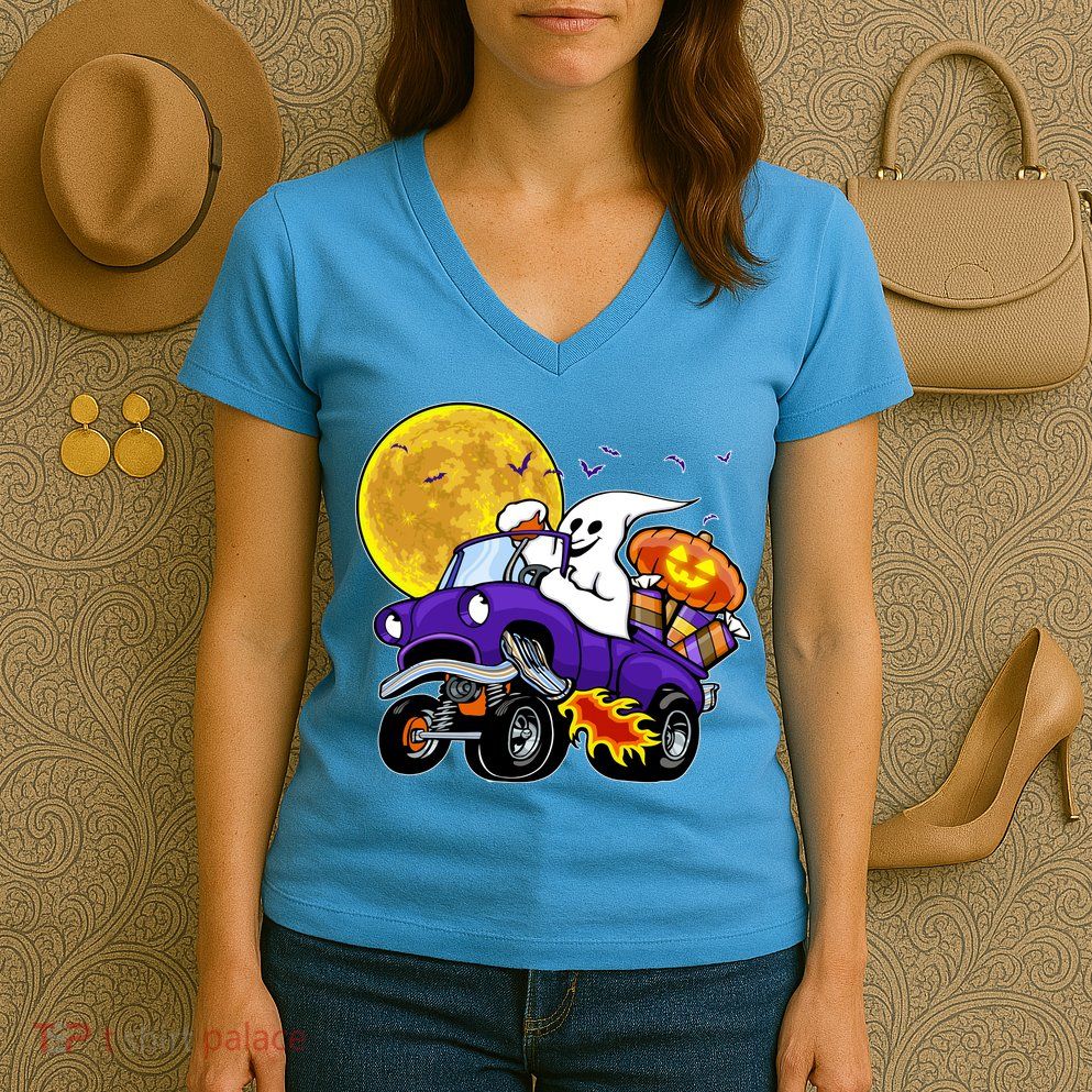 Funny Halloween Ghost Muscle Car Women's V-Neck T-Shirt