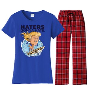 Funny Haters Gonna Hate Donald Trump Surfing Middle Finger Cute Gift Women's Flannel Pajama Set