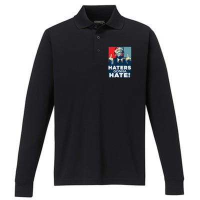 Funny Haters Gonna Hate President Donald Trump Middle Finger Gift Performance Long Sleeve Polo