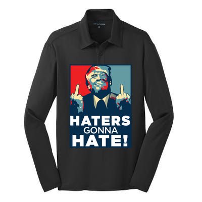 Funny Haters Gonna Hate President Donald Trump Middle Finger Gift Silk Touch Performance Long Sleeve Polo