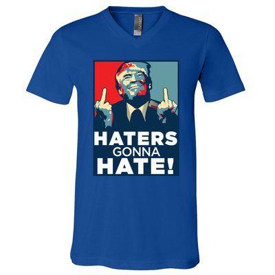 Funny Haters Gonna Hate President Donald Trump Middle Finger Gift V-Neck T-Shirt