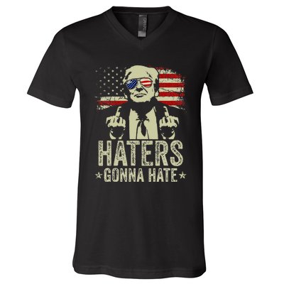 Funny Haters Gonna Hate President Donald Trump Middle Finger V-Neck T-Shirt