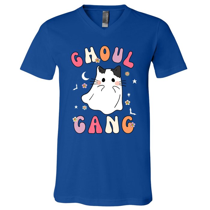 Funny Halloween Ghoul Gang Groovy Hey Boo Pumpkin Cat Lover Gift V-Neck T-Shirt