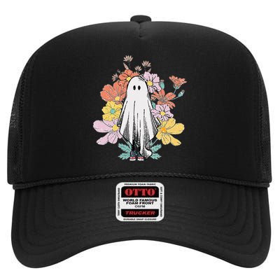 Floral Halloween Ghost High Crown Mesh Back Trucker Hat