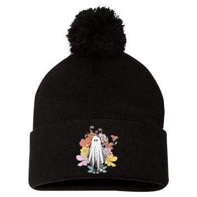 Floral Halloween Ghost Pom Pom 12in Knit Beanie