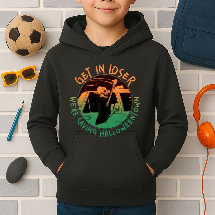 Funny Halloween Get In Loser We're Saving Halloweentown Grim Reaper Skeleton Kids Hoodie