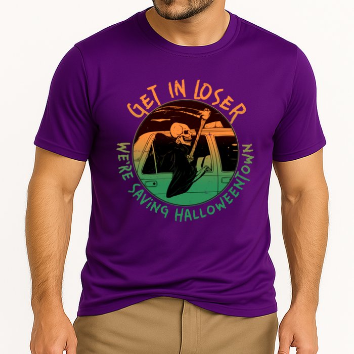 Funny Halloween Get In Loser We're Saving Halloweentown Grim Reaper Skeleton Performance Shirt