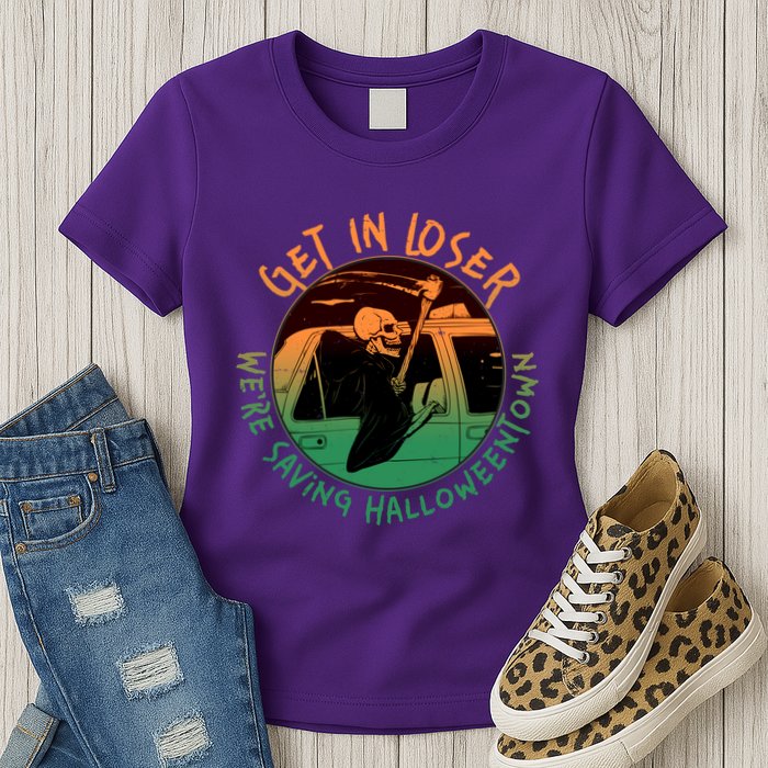 Funny Halloween Get In Loser We're Saving Halloweentown Grim Reaper Skeleton Womens T-Shirt