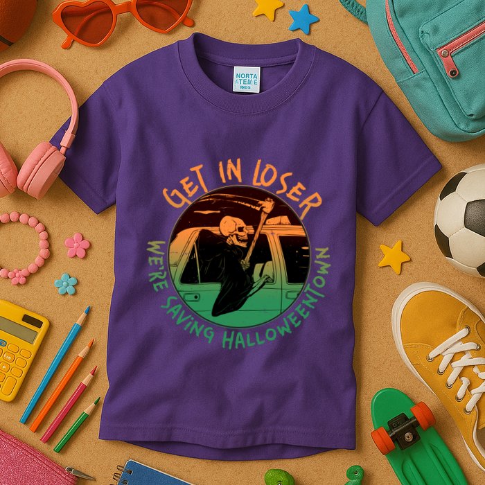 Funny Halloween Get In Loser We're Saving Halloweentown Grim Reaper Skeleton Kids T-Shirt