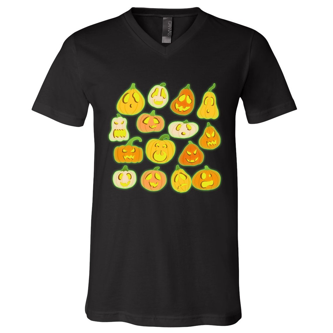 Funny Halloween Glowing Jackolantern Pumpkin Faces V-Neck T-Shirt