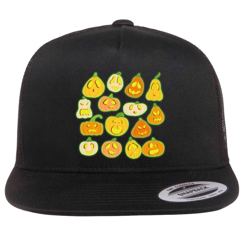 Funny Halloween Glowing Jackolantern Pumpkin Faces Flat Bill Trucker Hat