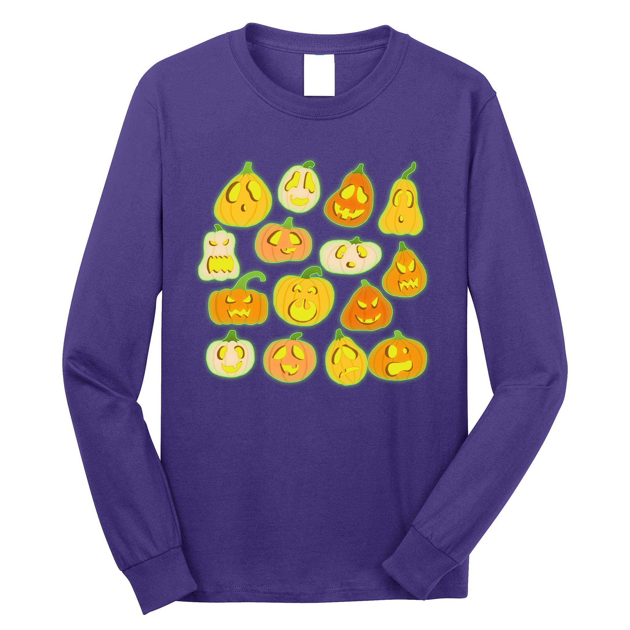 Funny Halloween Glowing Jackolantern Pumpkin Faces Long Sleeve Shirt