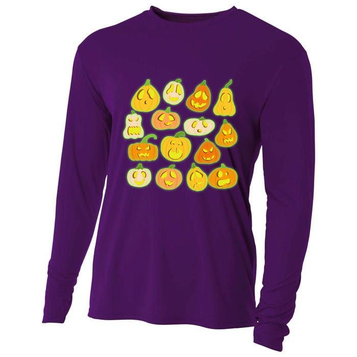 Funny Halloween Glowing Jackolantern Pumpkin Faces Cooling Performance Long Sleeve Crew