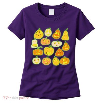 Funny Halloween Glowing Jackolantern Pumpkin Faces Womens T-Shirt