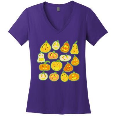 Funny Halloween Glowing Jackolantern Pumpkin Faces Women's V-Neck T-Shirt
