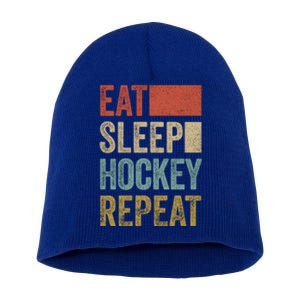 Funny Hockey Gift Eat Sleep Hockey Repeat Gift Short Acrylic Beanie