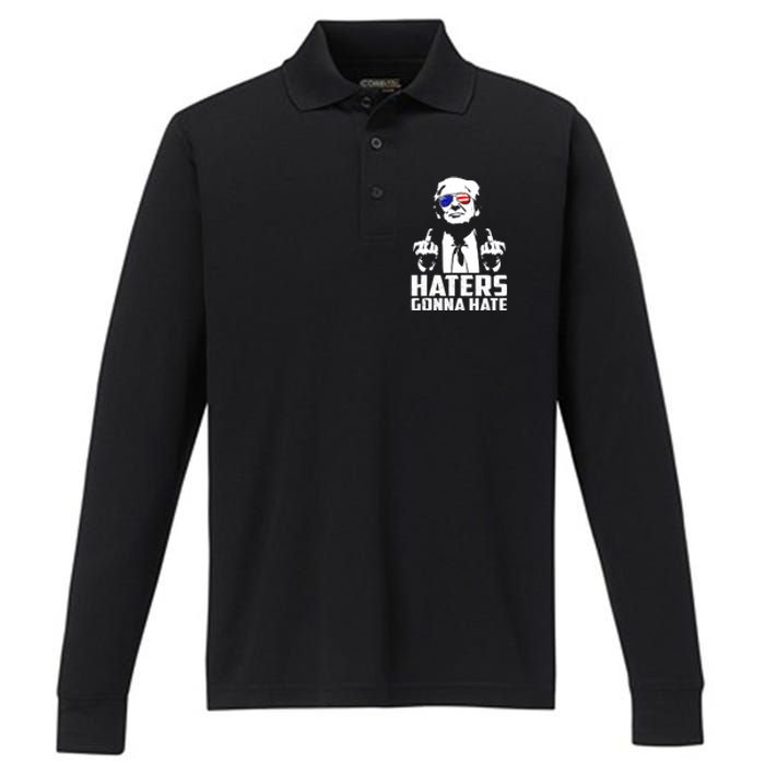 Funny Haters Gonna Hate President Donald Trump Middle Finger Performance Long Sleeve Polo