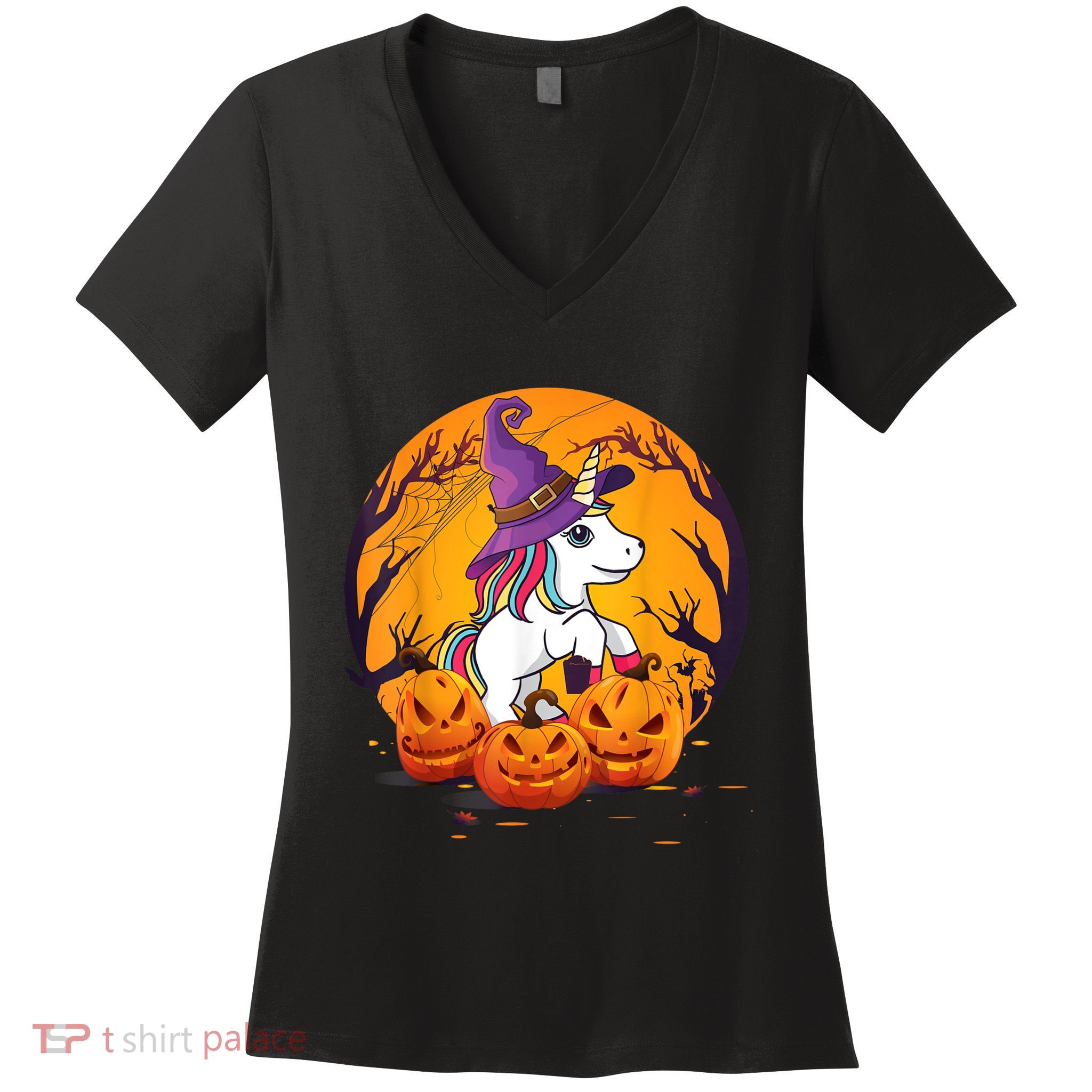 Fun Halloween Girls Kids Witchy Unicorn Halloween Women's V-Neck T-Shirt