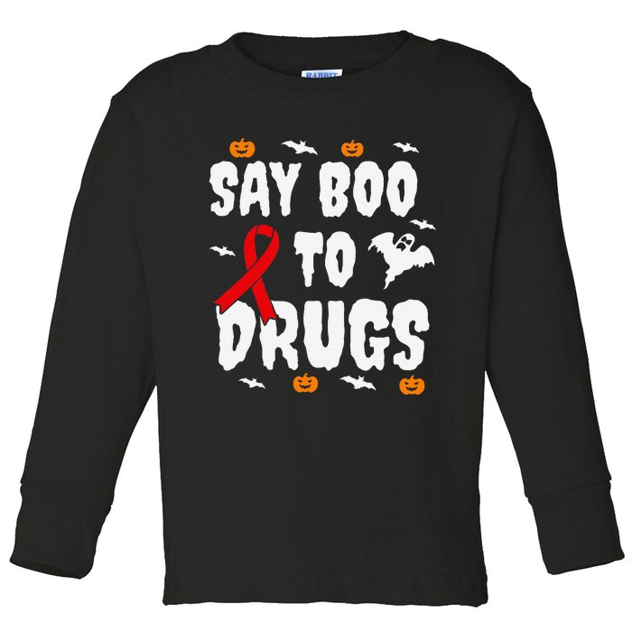 Funny Halloween Gift Say Boo To Drugs Awareness Red Ribbon Toddler Long Sleeve Shirt