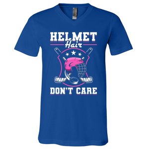 Funny Hockey Goalie Gift Helmet Hair Dont Care Ice Hockey Funny Gift V-Neck T-Shirt