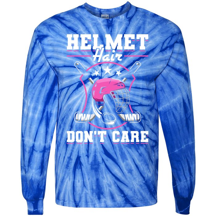 Funny Hockey Goalie Gift Helmet Hair Dont Care Ice Hockey Funny Gift Tie-Dye Long Sleeve Shirt