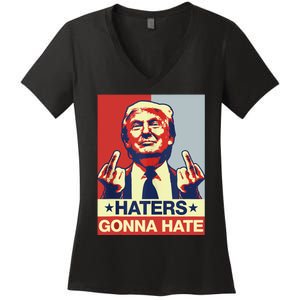 Funny Haters Gonna Hate Donald Trump Middle Finger Women's V-Neck T-Shirt