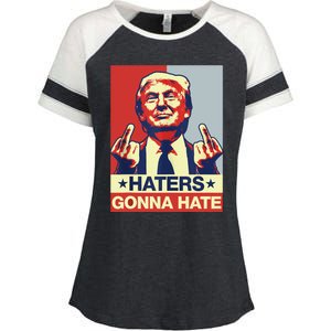 Funny Haters Gonna Hate Donald Trump Middle Finger Enza Ladies Jersey Colorblock Tee