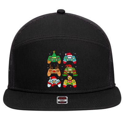 Festive Holiday Gaming Controllers with Santa Elf and Snowman 7 Panel Mesh Trucker Snapback Hat