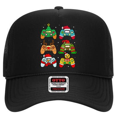 Festive Holiday Gaming Controllers with Santa Elf and Snowman High Crown Mesh Back Trucker Hat