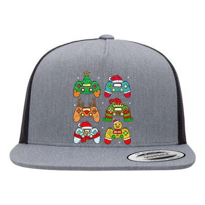 Festive Holiday Gaming Controllers with Santa Elf and Snowman Flat Bill Trucker Hat