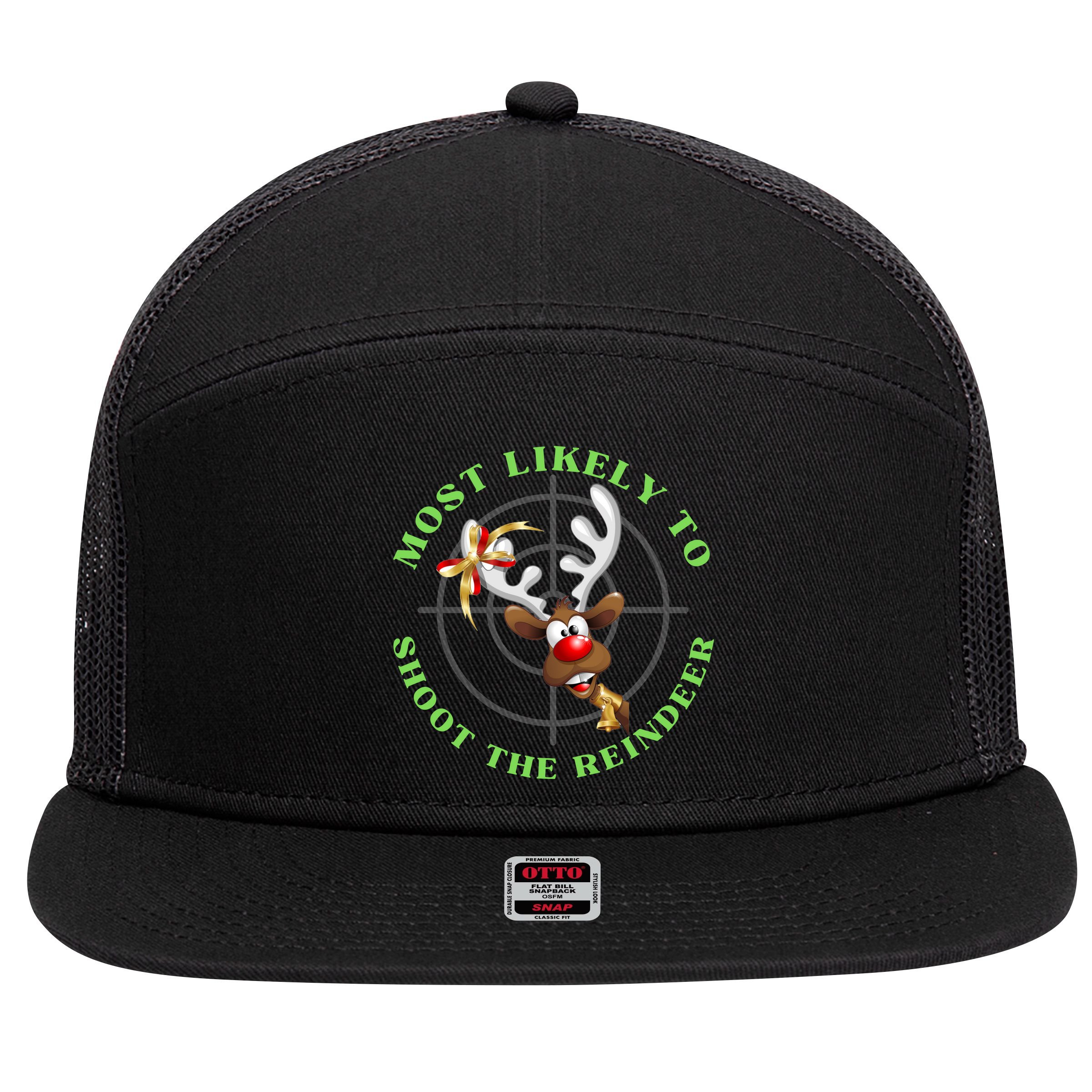 Funny Hunting Gift For Hunter Most Likely To Shoot The Reindeer 7 Panel Mesh Trucker Snapback Hat