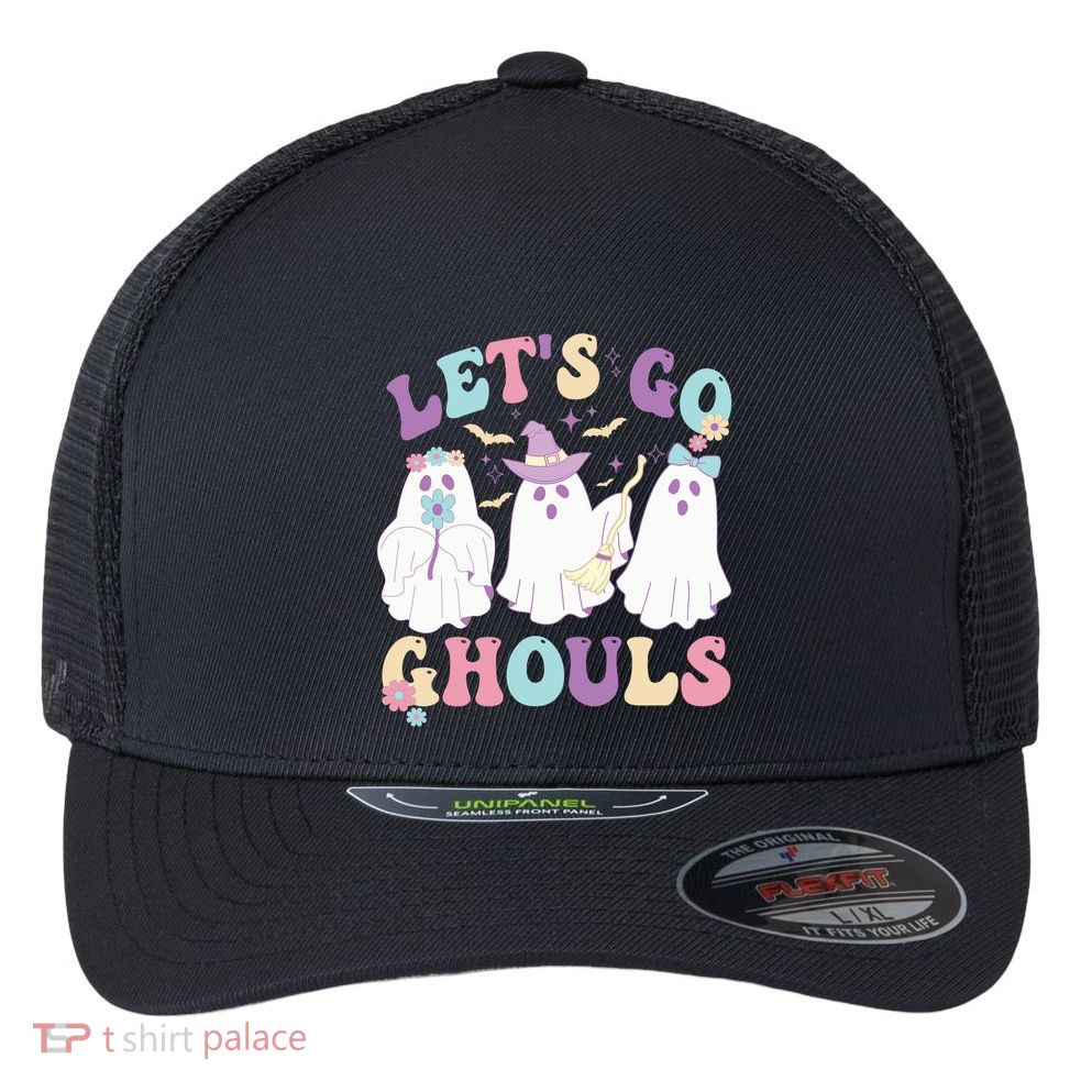 Funny Halloween Ghost Lets Go Ghouls Groovy Great Gift Flexfit Unipanel Trucker Cap