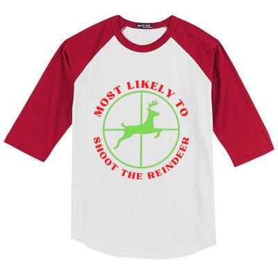 Funny Hunting Gift For Hunter Most Likely To Shoot The Reindeer Kids Colorblock Raglan Jersey