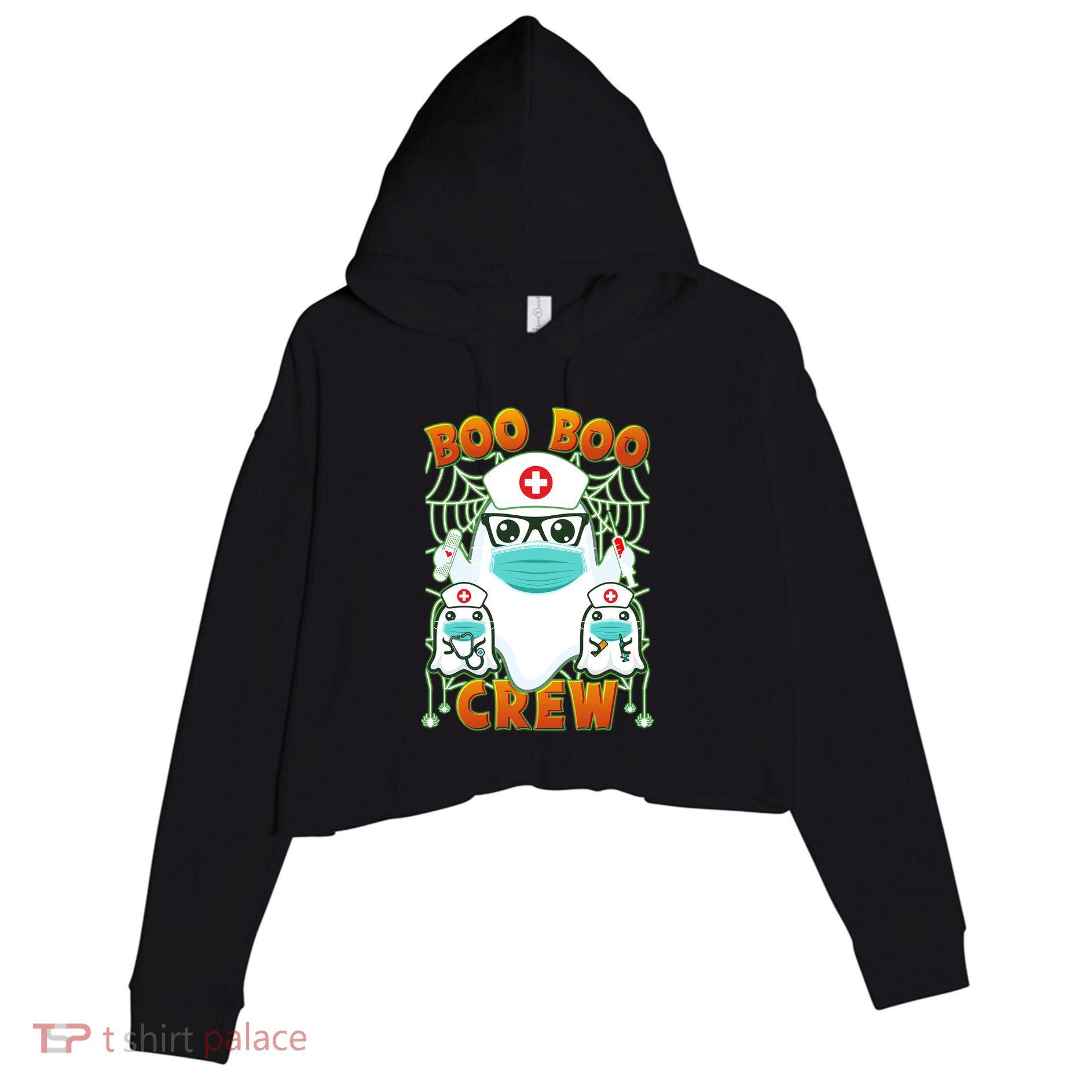Funny Halloween Ghost Nurse Boo Boo Crew Crop Fleece Hoodie