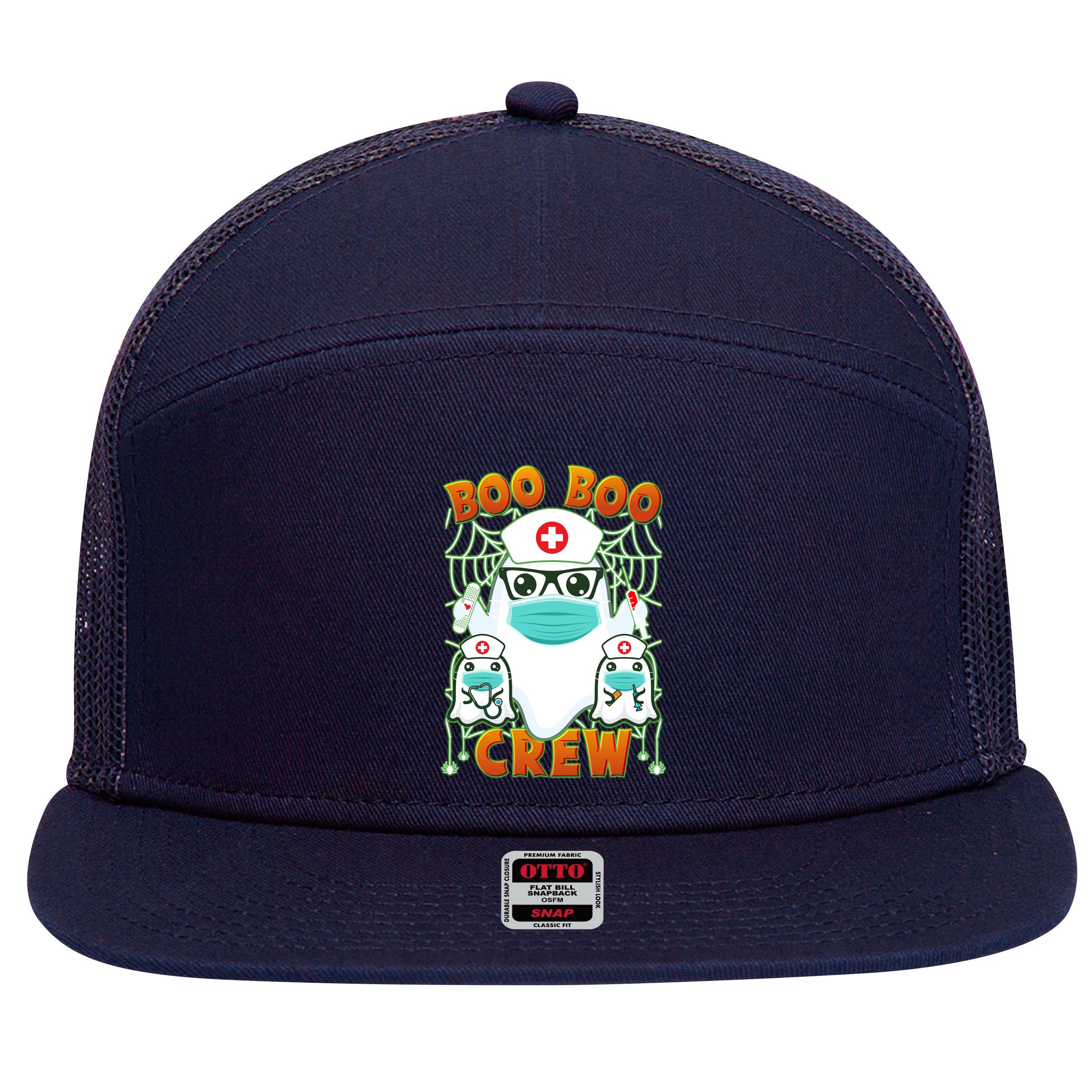 Funny Halloween Ghost Nurse Boo Boo Crew 7 Panel Mesh Trucker Snapback Hat