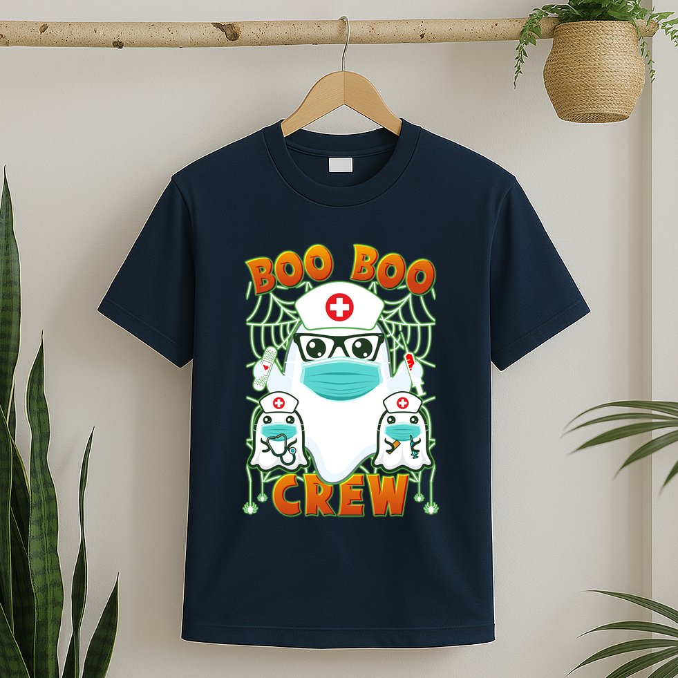 Funny Halloween Ghost Nurse Boo Boo Crew T-Shirt