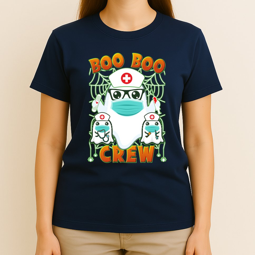 Funny Halloween Ghost Nurse Boo Boo Crew T-Shirt