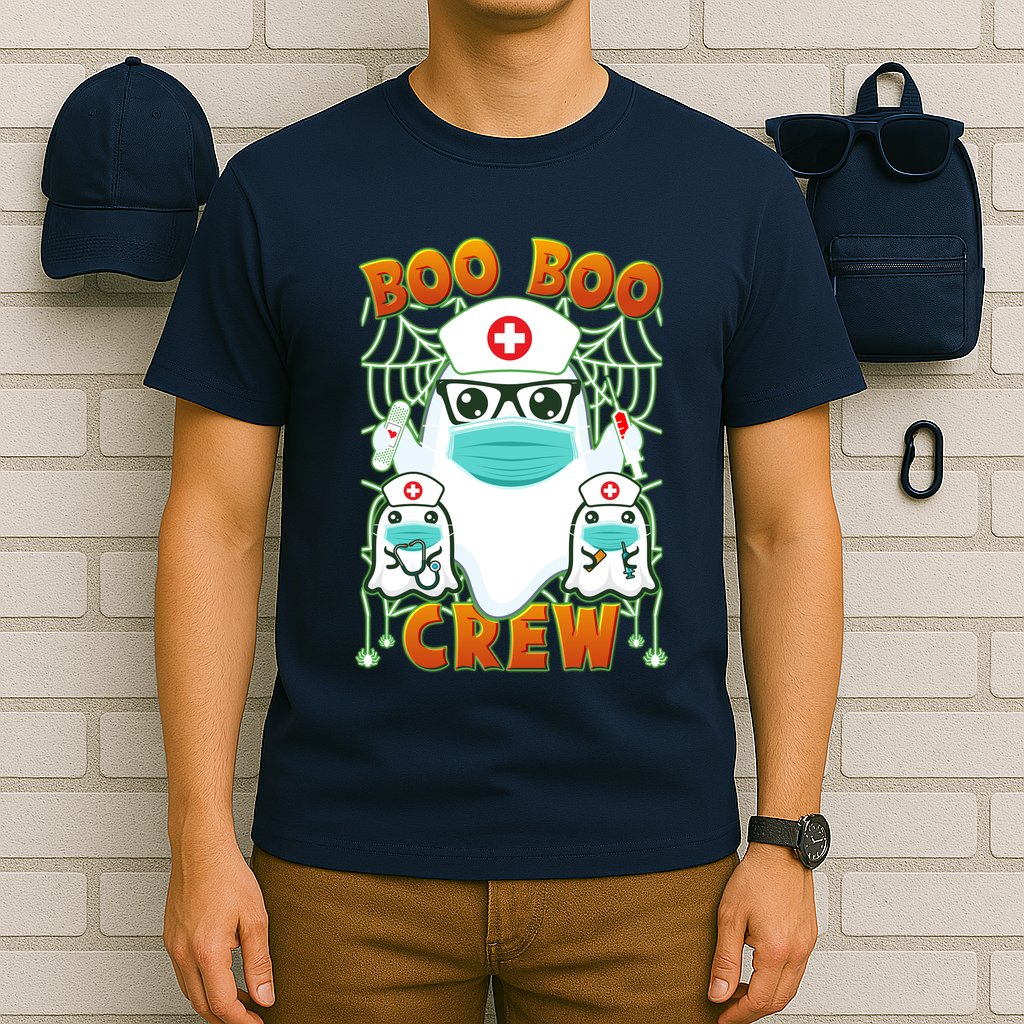 Funny Halloween Ghost Nurse Boo Boo Crew T-Shirt