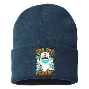 Funny Halloween Ghost Nurse Boo Boo Crew Sustainable Knit Beanie