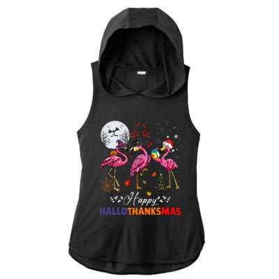 Flamingo Happy HalloThanksmas Funny Halloween Thanksgiving Ladies PosiCharge Tri-Blend Wicking Draft Hoodie Tank