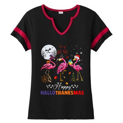 Flamingo Happy HalloThanksmas Funny Halloween Thanksgiving Ladies Halftime Notch Neck Tee