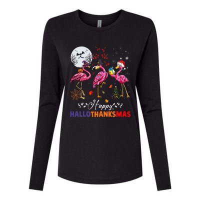 Flamingo Happy HalloThanksmas Funny Halloween Thanksgiving Womens Cotton Relaxed Long Sleeve T-Shirt