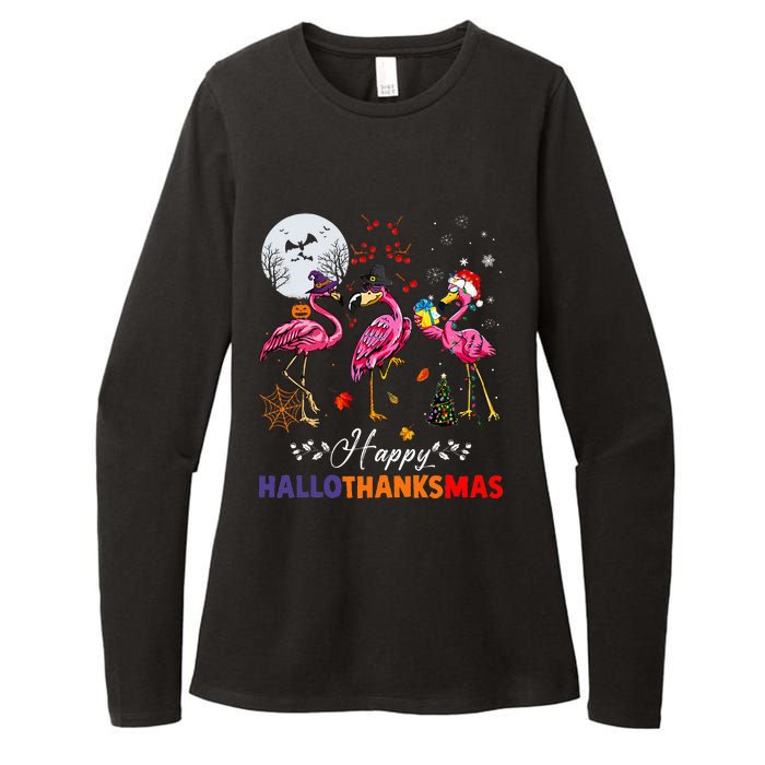 Flamingo Happy HalloThanksmas Funny Halloween Thanksgiving Womens CVC Long Sleeve Shirt