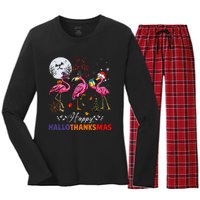 Flamingo Happy HalloThanksmas Funny Halloween Thanksgiving Women's Long Sleeve Flannel Pajama Set 