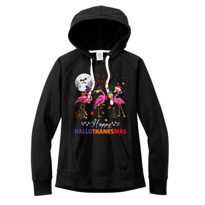 Flamingo Happy HalloThanksmas Funny Halloween Thanksgiving Women's Fleece Hoodie