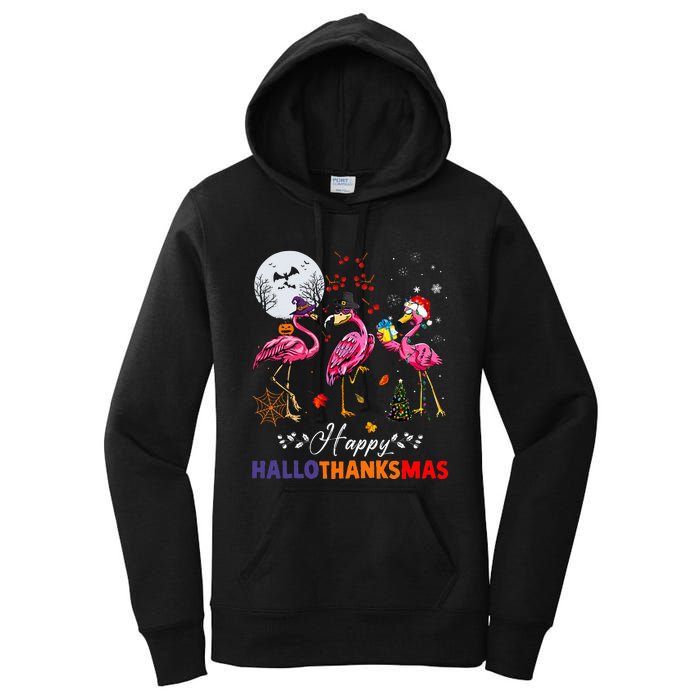 Flamingo Happy HalloThanksmas Funny Halloween Thanksgiving Women's Pullover Hoodie