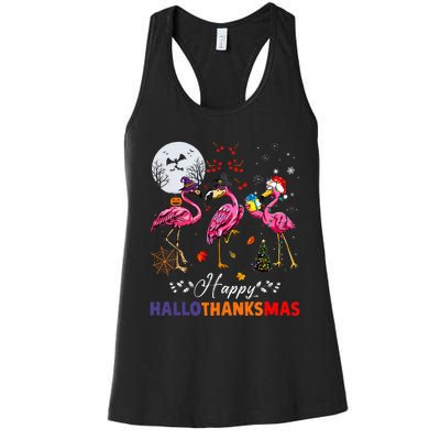 Flamingo Happy HalloThanksmas Funny Halloween Thanksgiving Women's Racerback Tank